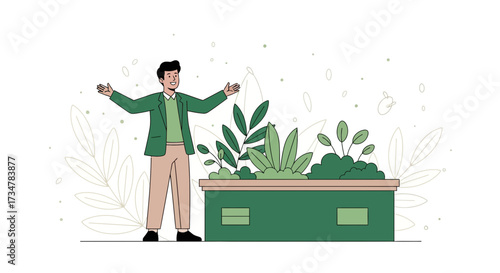 A man with open arms welcomes viewers to his beautiful raised garden illustration