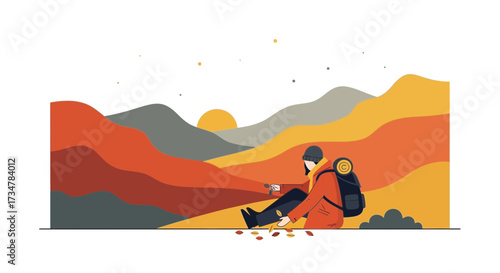 A Minimalist Illustration of Hiker Relaxing in Beautiful Mountain Scenery at Sunset