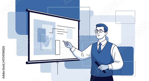 A modern illustration of a business presentation with speaker and projector screen