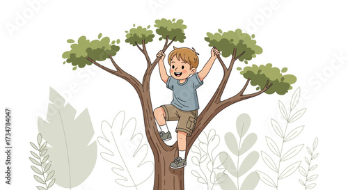A young boy happily climbs a tree, enjoying the outdoors and nature in a cheerful illustration