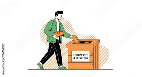 A Person Disposing of Bread into a Waste Bin for Food Waste and Recycling, Illustration