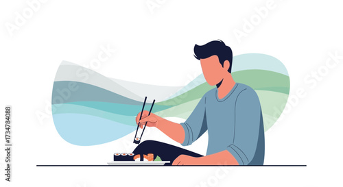A person eating sushi with chopsticks in an illustration with a wavy background