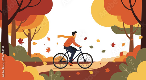 A person enjoying a bicycle ride through a park in autumn during the fall season