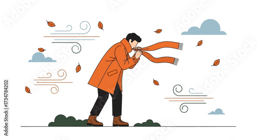 A person in an orange coat struggling to hold his scarf in the strong autumn wind