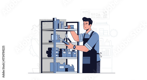 A Person Organizing And Arranging Tools And Materials On Shelves In A Workshop
