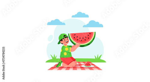 A Young Boy Joyfully Displays A Watermelon Slice During A Summertime Picnic