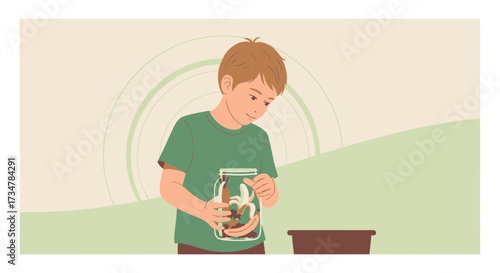 A Young Boy Observes Banana Peels in a Glass Jar with Curiosity and a Smiling Face