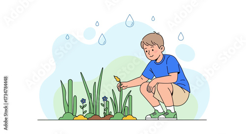 A young boy tending to his garden with green grass and flowers under the rain drops