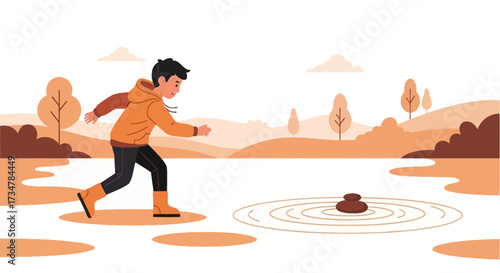 A young boy skipping stones on a lake enjoying the outdoors on a sunny day.
