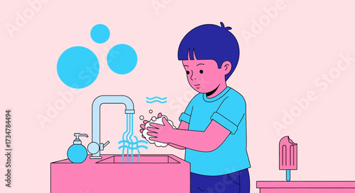 A young boy washing his hands with soap and water hygiene concept illustration