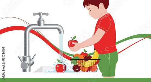 A young boy washing fruits in the kitchen, promoting healthy eating habits and hygiene