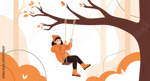 A Young Girl Enjoys Swinging on a Tree Swing in an Autumnal Forest Scene