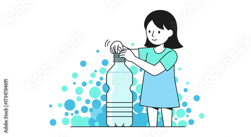 A young girl opening a water bottle on a white background, vector illustration