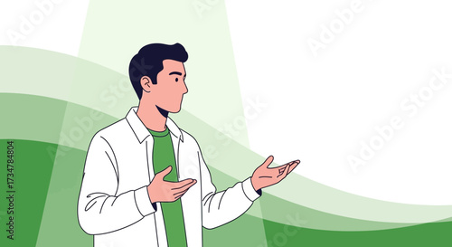 A Young Man Explaining a Concept, Vector Illustration with Green and White Background