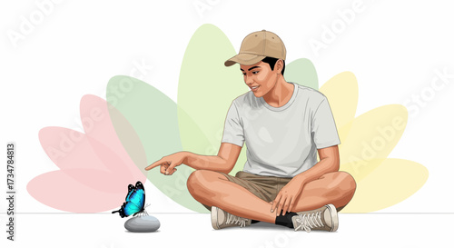 A young man observes a beautiful butterfly with curiosity and gentle interaction