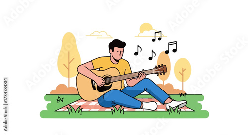 A Young Man Plays Acoustic Guitar Outdoors, Enjoying Music And Nature During Summer