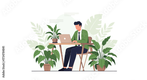 A Young Man Working on His Laptop Surrounded by Lush Potted Plants and Greenery