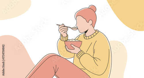 A Young Person Carefully Eating Porridge From A Bowl In Beautifully Minimalist Illustration Style