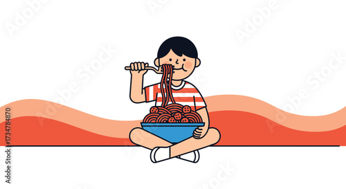 A Young Person Enjoying a Delicious Plate of Spaghetti in a Delightful Illustration