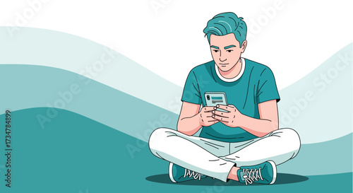 A young man using his smartphone while sitting, with a turquoise color scheme