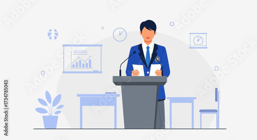 Academic Presenter Delivering Speech At A Modern Conference, A Public Speaking Illustration