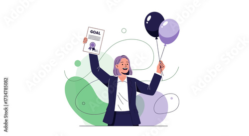 Accomplished Businesswoman Celebrates Reached Goals with Balloons and Document in Hand