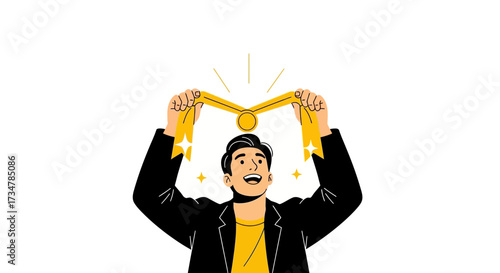 Accomplished Individual Celebrating Victory Holding Golden Medal Showing Success and Achievement