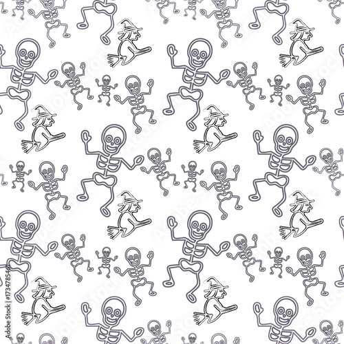 A black and white Halloween themed pattern of skeletons. The skeletons are in various poses and sizes, and some are even holding hands. Scene is spooky and playful