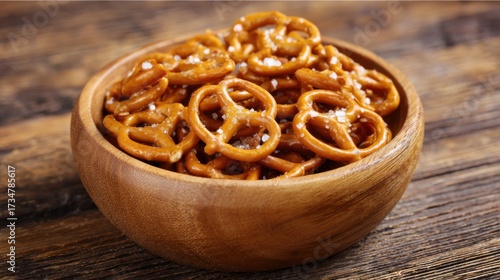 A wooden bowl filled with crunchy, salty pretzels is placed on a rustic wooden table during a casual gathering, inviting guests to enjoy a tasty snack.