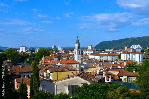View of the old town of Gorizia with a church tower in Italy