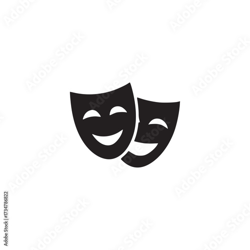 Illustration of two theatrical masks, one smiling and one frowning, the image is a simple, minimalist design, perfect for conveying drama, theater, or emotion in a clean and modern style