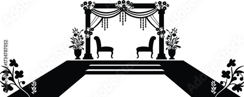 Beautiful wedding stage decoration vector illustration with chairs, floral arch, and elegant drapery design isolated on white background