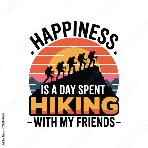 Group of hikers ascending a mountain silhouette at sunset with quote
