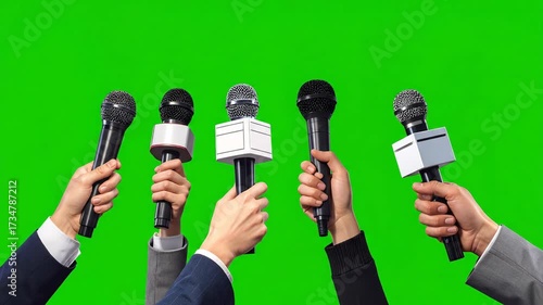 Hands Holding Microphones Against Green Screen Background Press Conference or Interview