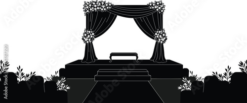 Silhouette illustration of decorated wedding stage with flowers, curtains, and seating arrangement isolated on white background for design