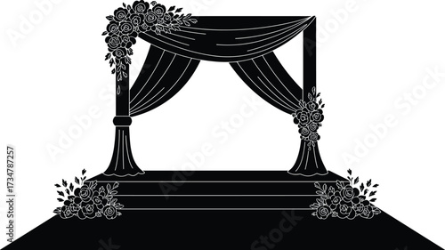 Wedding ceremony arch silhouette with floral decorations and draped curtains for romantic event, celebration, and marriage stage design