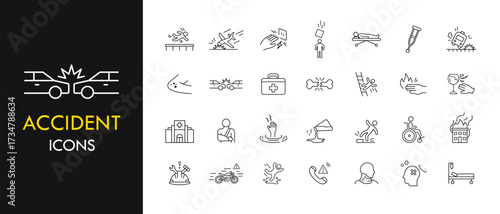Accident line icon set, outline web icon collection containing car crash, broken bone, wheelchair and more, vector illustration in line style