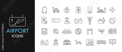 Airport line icon set, outline web icon collection containing airplane, passport, luggage and more, vector illustration in line style