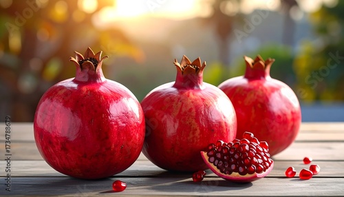 Three vibrant pomegranates rest on a wooden surface, bathed in warm sunlight, with a sectioned pomegranate beside them.
