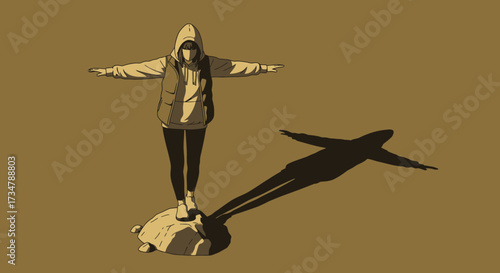 Anime girl standing on a rock spreading arms with a long shadow in sepia tone