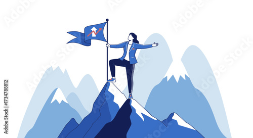 Achievement And Success Concept Illustration Showcasing Businesswoman On Top Of Mountain Holding