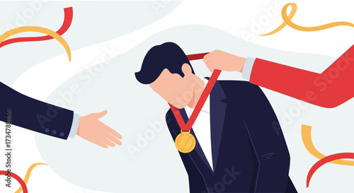 Achievement Award Ceremony Depicting Golden Medal Presentation And Handshake Gesture
