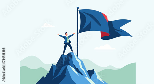 Achievement And Triumph: Businessman Standing At The Summit Raising Flag Of Victory