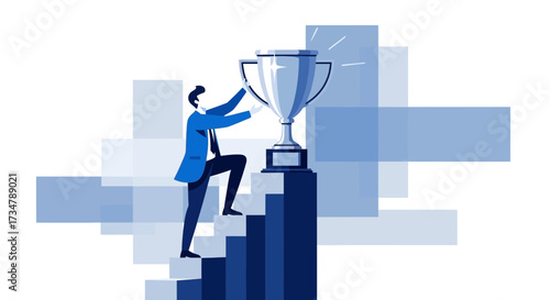 Achieving Aspiration: A Businessman Reaching For The Trophy Representing Triumph And Victory