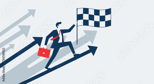 Achieving Business Goals: A Businessman Climbing Towards Victory With A Flag