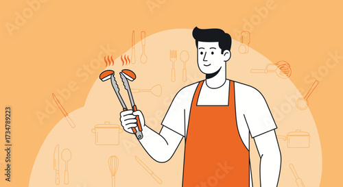 Aproned Chef Holding Food Tongs with Cooked Items in Kitchen, Vector Illustration