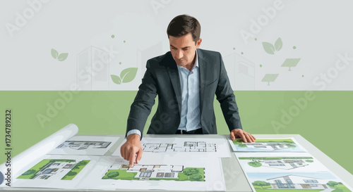 Architect Analyzing Blueprints of Eco-Friendly Buildings and Sustainable Designs