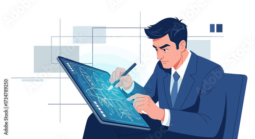 Architect Concentrating On a Digital Blueprint, Modern Technology Illustrated Professionally