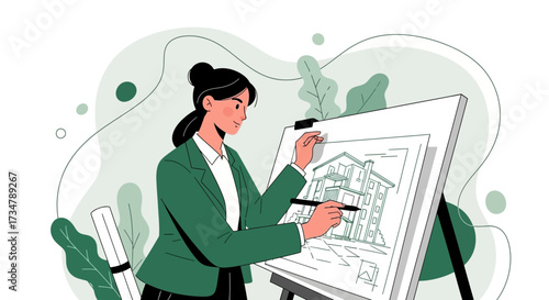 Architect drawing house plan on easel, working in office on architectural project design