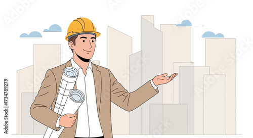 Architect Presenting Modern Skyscraper Designs for Construction Projects in the City
